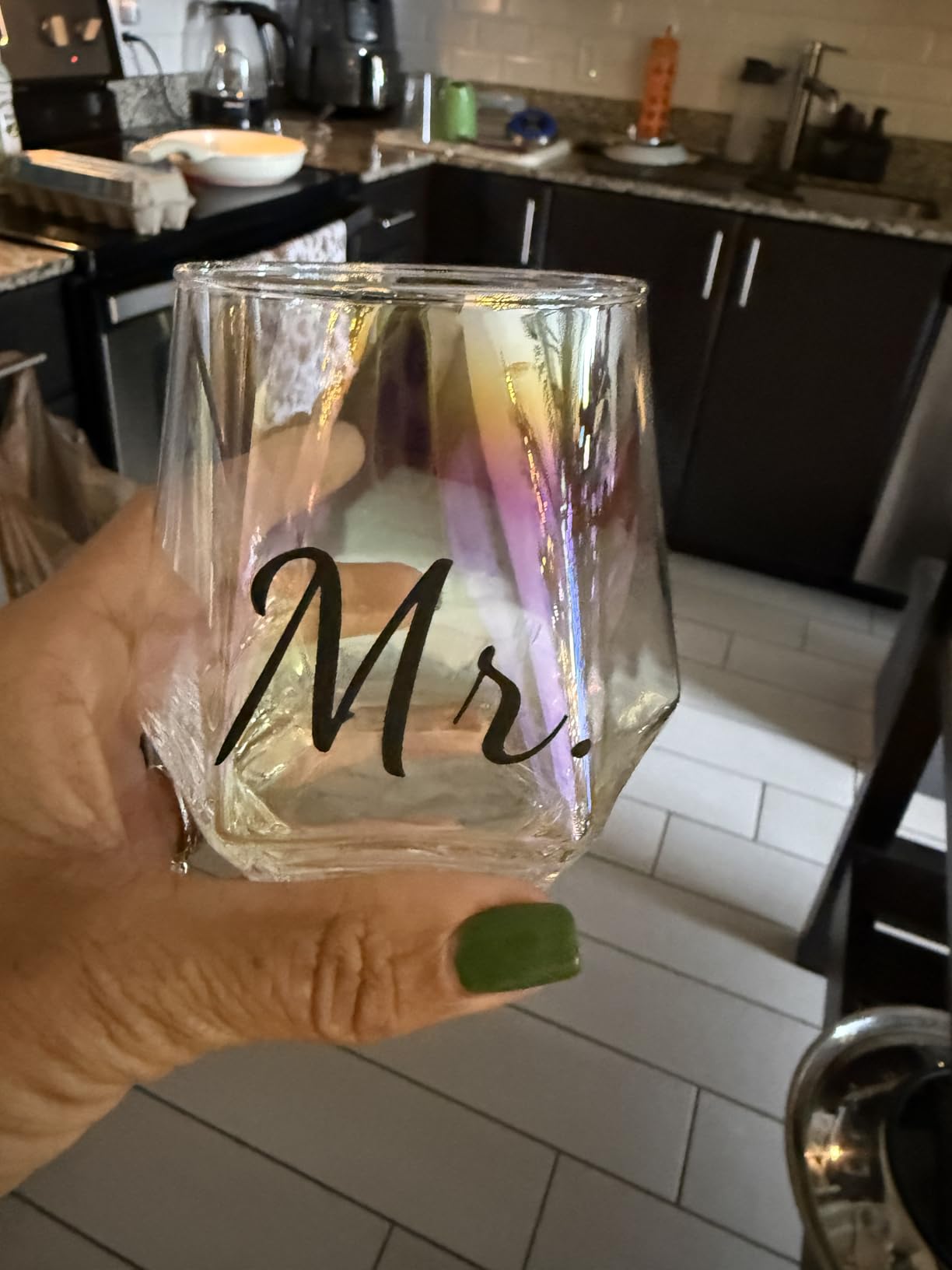 Mr & Mrs Iridescent Diamond Shaped Stemless Wine Glasses for Couples - Unique Colorful His & Hers Wedding & Engagement Gift Set Customer Review Mr & Mrs Iridescent Diamond Shaped Stemless Wine Glasses for Couples - Unique Colorful His & Hers Wedding & Engagement Gift Set - Customer Photo 1