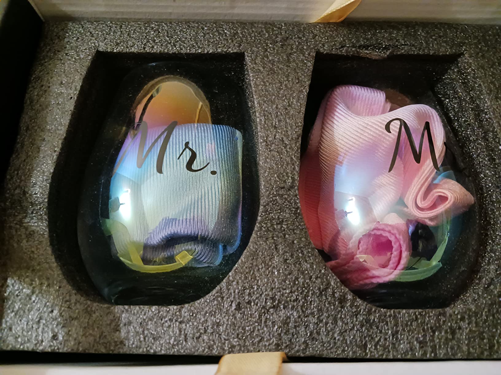 Mr & Mrs Iridescent Diamond Shaped Stemless Wine Glasses for Couples - Unique Colorful His & Hers Wedding & Engagement Gift Set Customer Review Mr & Mrs Iridescent Diamond Shaped Stemless Wine Glasses for Couples - Unique Colorful His & Hers Wedding & Engagement Gift Set - Customer Photo 3