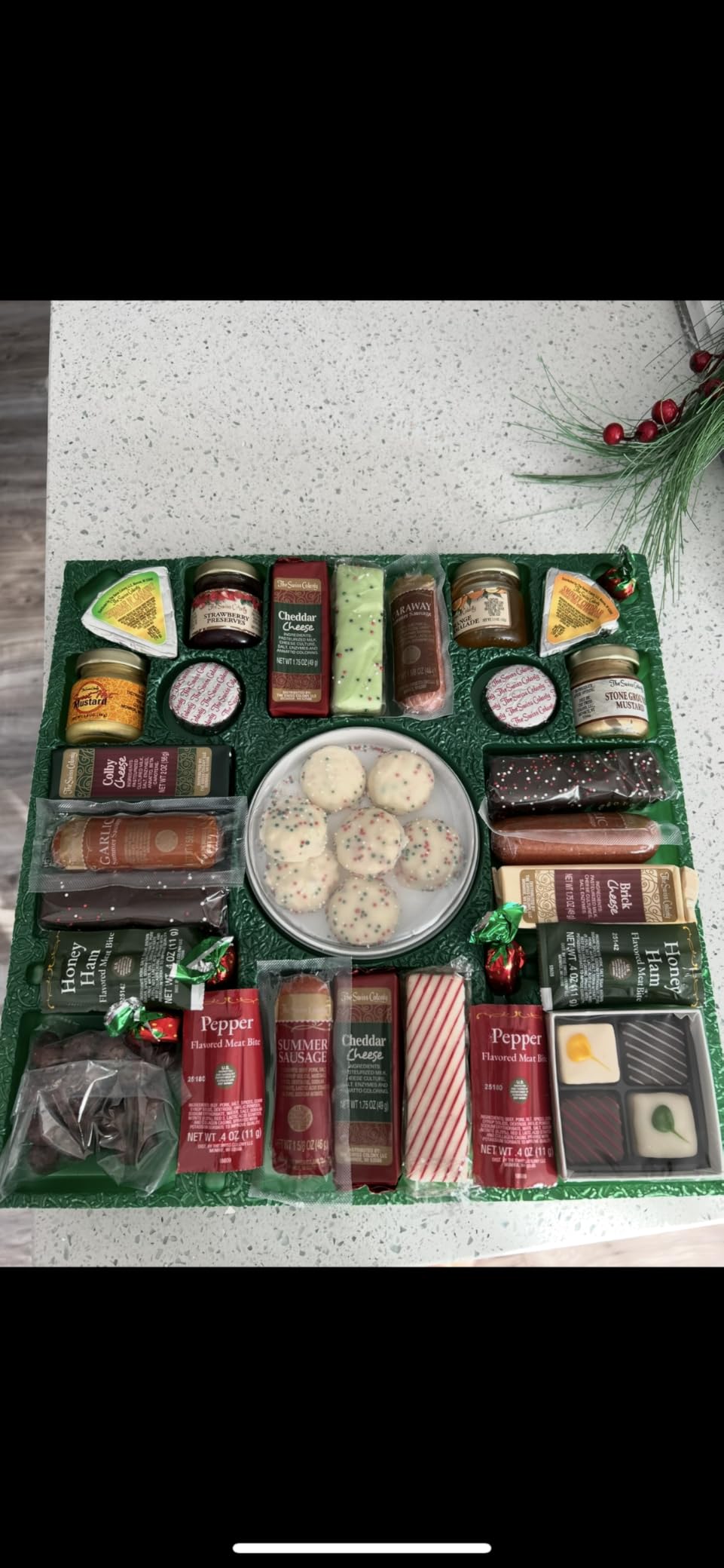The Swiss Colony 27 Favorites Food Gift Set, Summer Sausage Meats and Cheeses, Assorted Chocolates, Candies, Petits Fours, Cheese & Charcuterie Board Gifts Basket, Holiday, Christmas - Holiday Red Box - Customer Photo 2