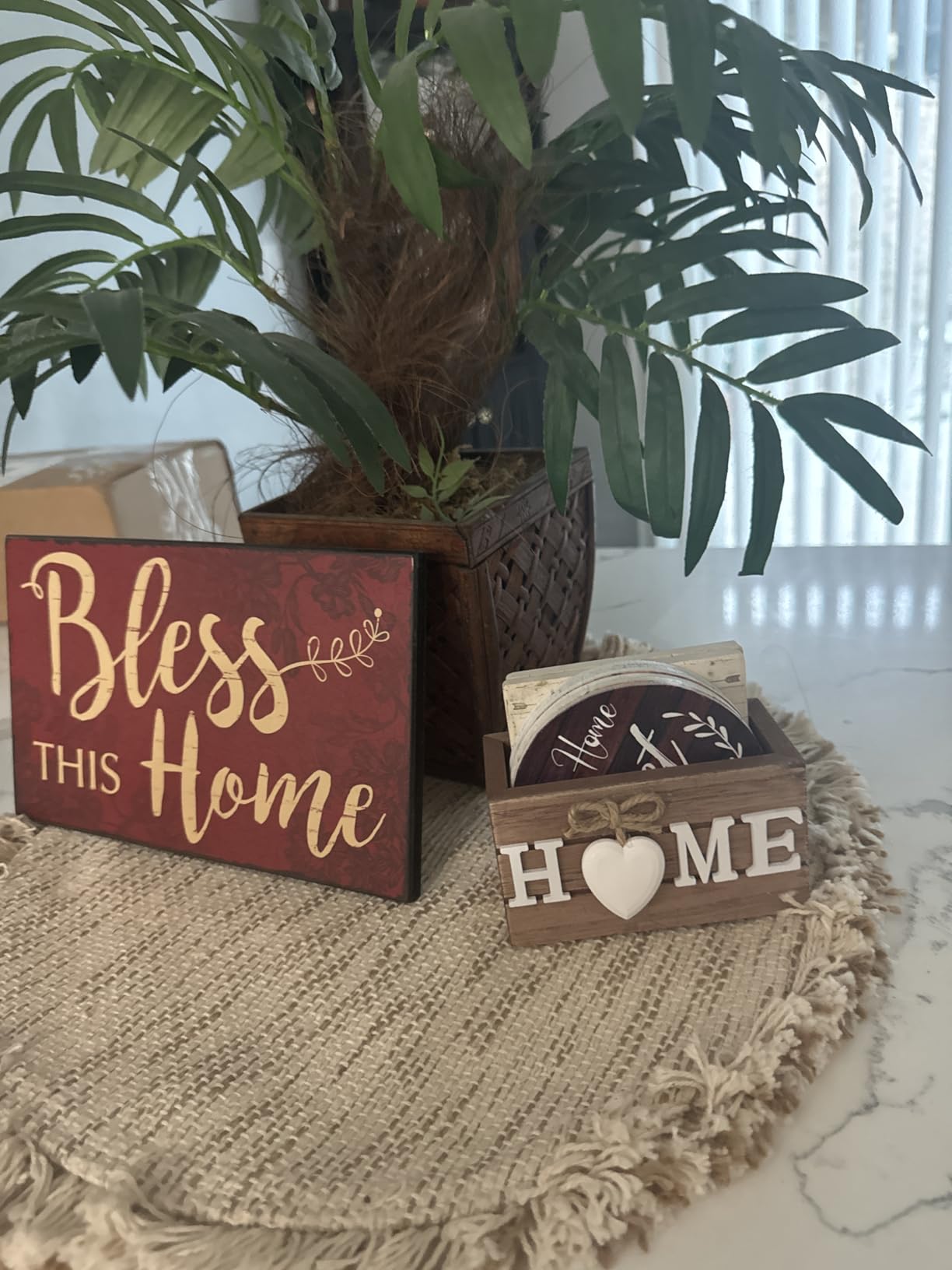 Queekay Coasters Set of 6 House Warming Gifts New Home Wooden Farmhouse Drink Coasters with Holder 4'' Funny Decoration for Kitchen Family Coffee Bar Tabletop Protection(Farmhouse Color) Customer Review Queekay Coasters Set of 6 House Warming Gifts New Home Wooden Farmhouse Drink Coasters with Holder 4'' Funny Decoration for Kitchen Family Coffee Bar Tabletop Protection(Farmhouse Color) - Customer Photo 1