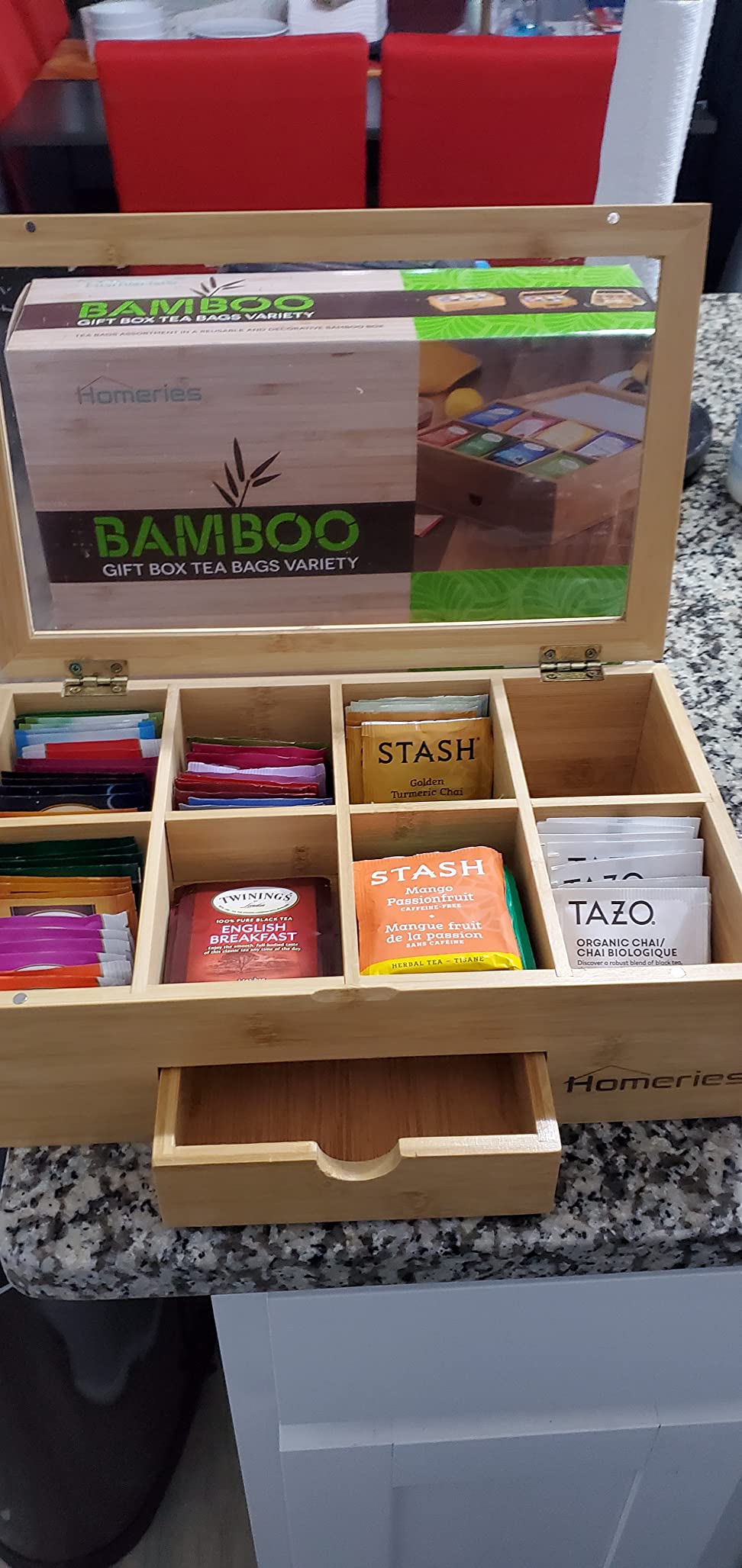 Premium 80 Tea Bag Assortment Gift Box Set By Homeries Wooden Tea Bag Organizer Box With 30+ Different Flavors- Tea Infuser Sampler Variety Pack - Great Gift Idea For Tea Lovers, Friends & Family (Wooden) Customer Review Premium 80 Tea Bag Assortment Gift Box Set By Homeries Wooden Tea Bag Organizer Box With 30+ Different Flavors- Tea Infuser Sampler Variety Pack - Great Gift Idea For Tea Lovers, Friends & Family (Wooden) - Customer Photo 3
