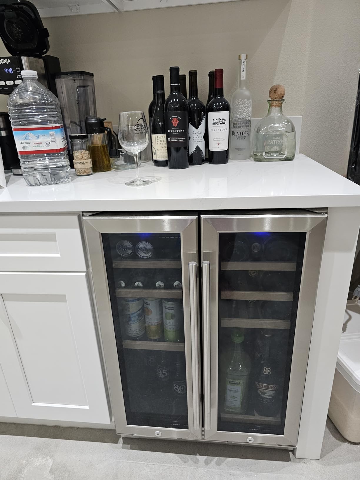 EUHOMY Wine and Beverage Refrigerator, 24 Inch Dual Zone Wine Cooler with Glass Door Hold 21 Bottles and 88 Cans, Built in or Under Counter Wine Fridge with Blue LED Light - Customer Photo 001
