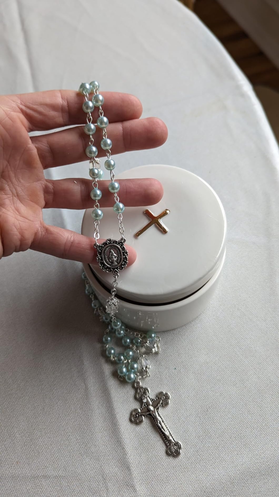 Sweet Treasures Gift Baptism Gifts for Boys, First Rosary with Ceramic Keepsake Box and Card, Catholic Communion Gift, Christening and Baby Shower Rosary Beads, Blue - Customer Photo 1