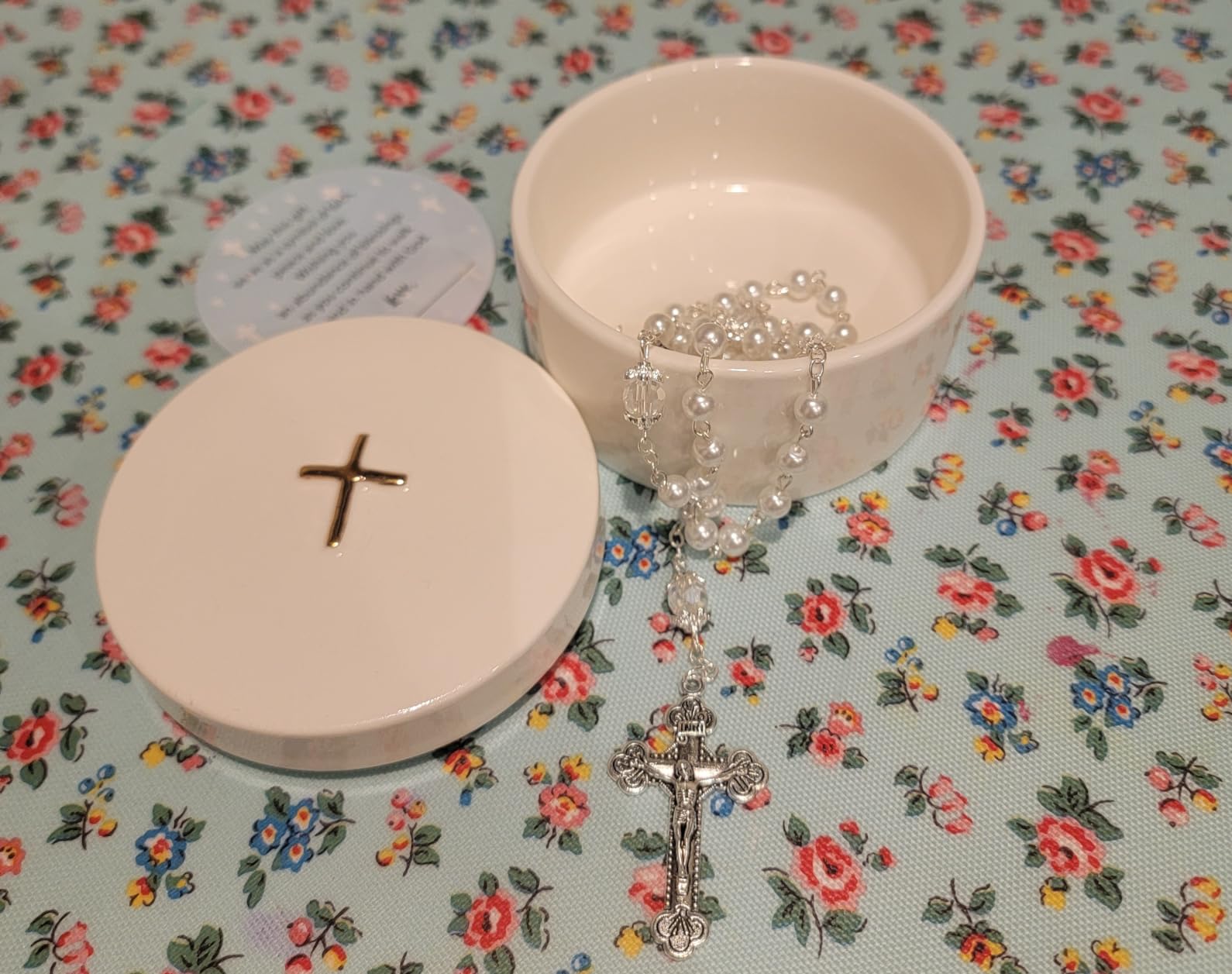 Sweet Treasures Gift Baptism Gifts for Boys, First Rosary with Ceramic Keepsake Box and Card, Catholic Communion Gift, Christening and Baby Shower Rosary Beads, Blue - Customer Photo 3