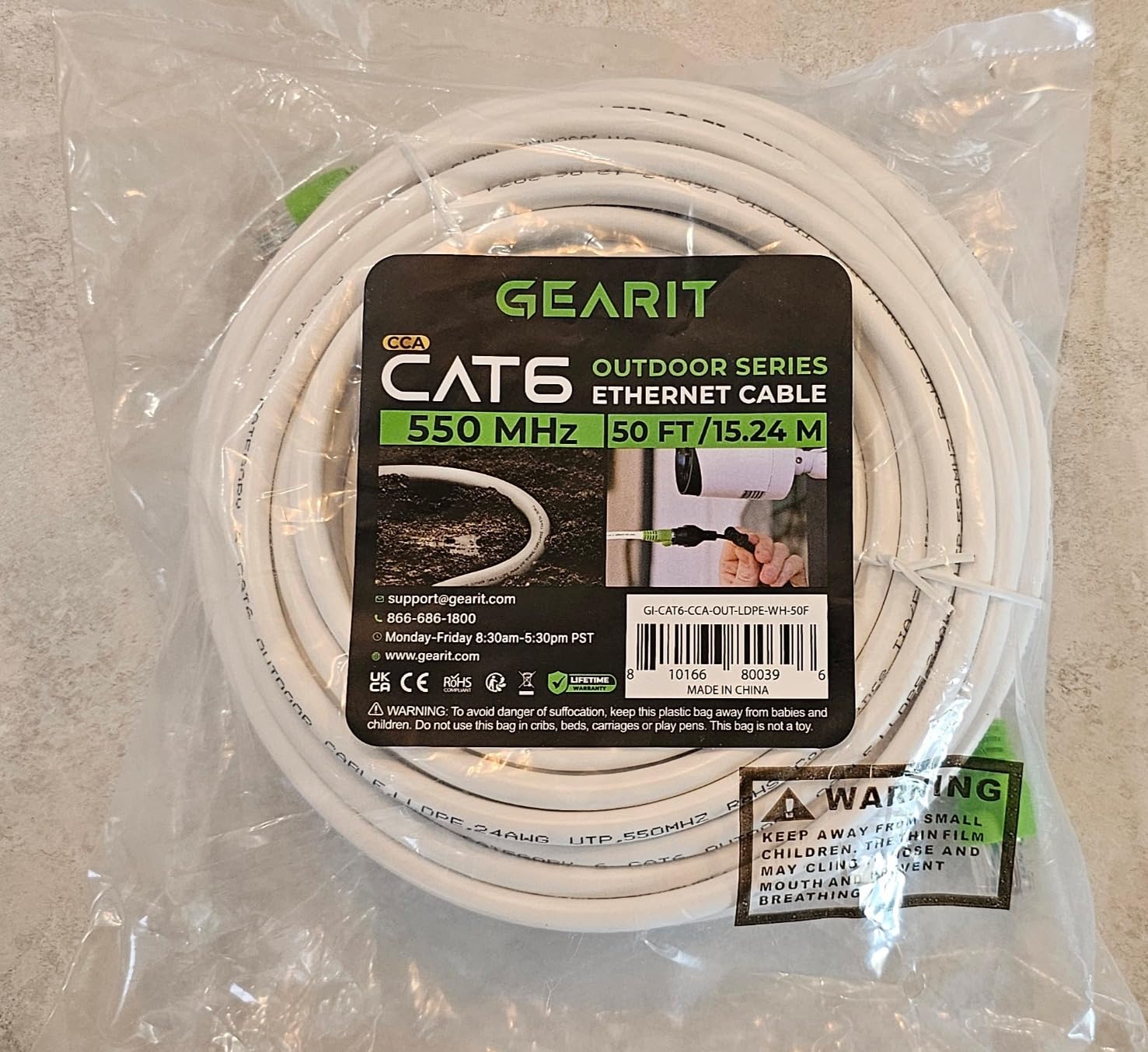 GEARit RJ45 Cat-6 Ethernet Patch Cable, 10Gpbs Transfer Speed, Gold-Plated Connectors, Copper Clad, Outdoor, UV Resistant, Direct Burial, Waterproof, Durable, 150 Foot (45.7 Meters), White Customer Review GEARit RJ45 Cat-6 Ethernet Patch Cable, 10Gpbs Transfer Speed, Gold-Plated Connectors, Copper Clad, Outdoor, UV Resistant, Direct Burial, Waterproof, Durable, 150 Foot (45.7 Meters), White - Customer Photo 2