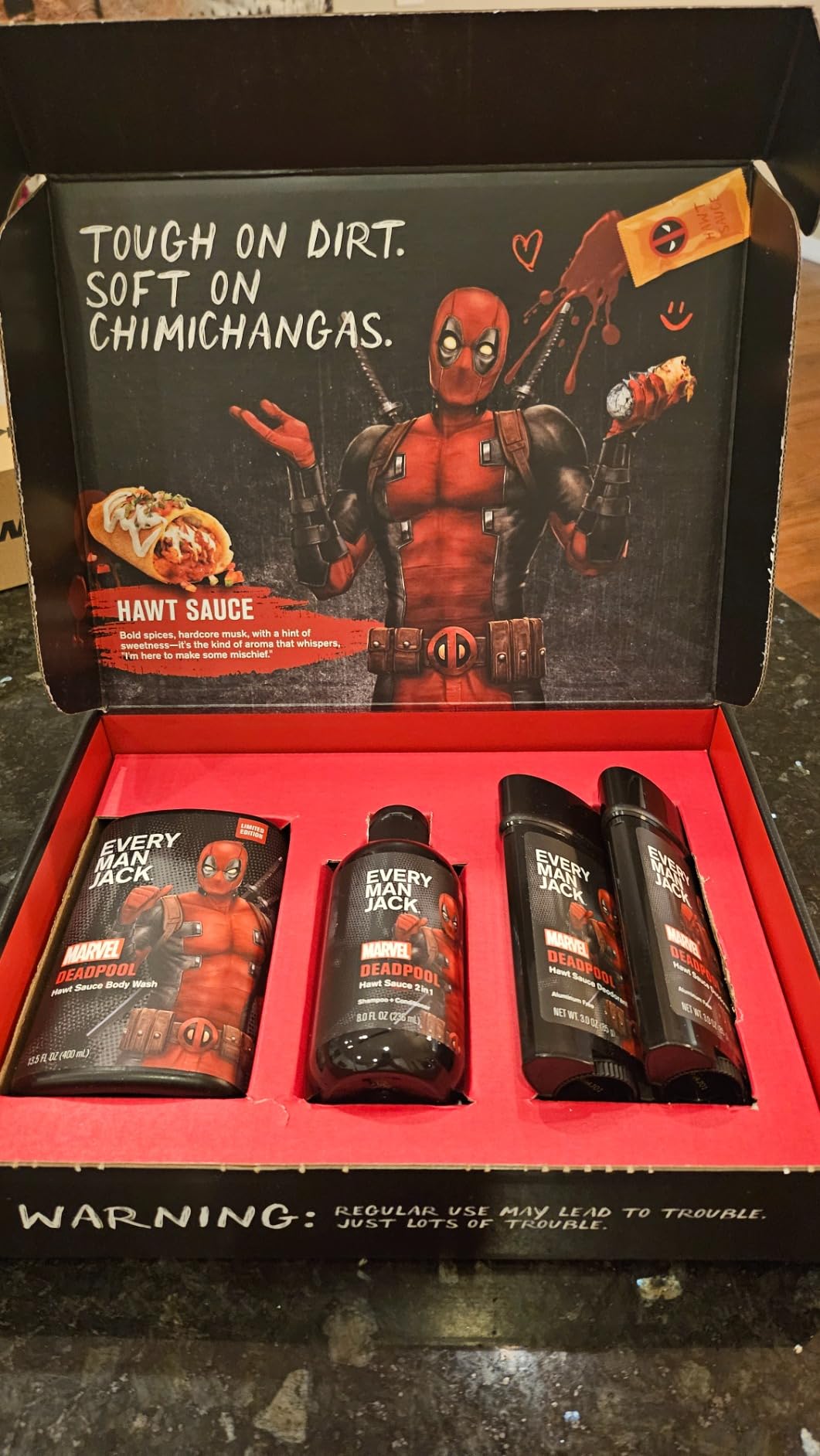 Every Man Jack Deadpool Body Set - Perfect for Every Guy & Marvel-Lover - Bath and Body Marvel Gift Set with Clean Ingredients & Incredible Scents - Includes Body Wash, Shampoo & Deodorant 2-Pack Customer Review Every Man Jack Deadpool Body Set - Perfect for Every Guy & Marvel-Lover - Bath and Body Marvel Gift Set with Clean Ingredients & Incredible Scents - Includes Body Wash, Shampoo & Deodorant 2-Pack - Customer Photo 2