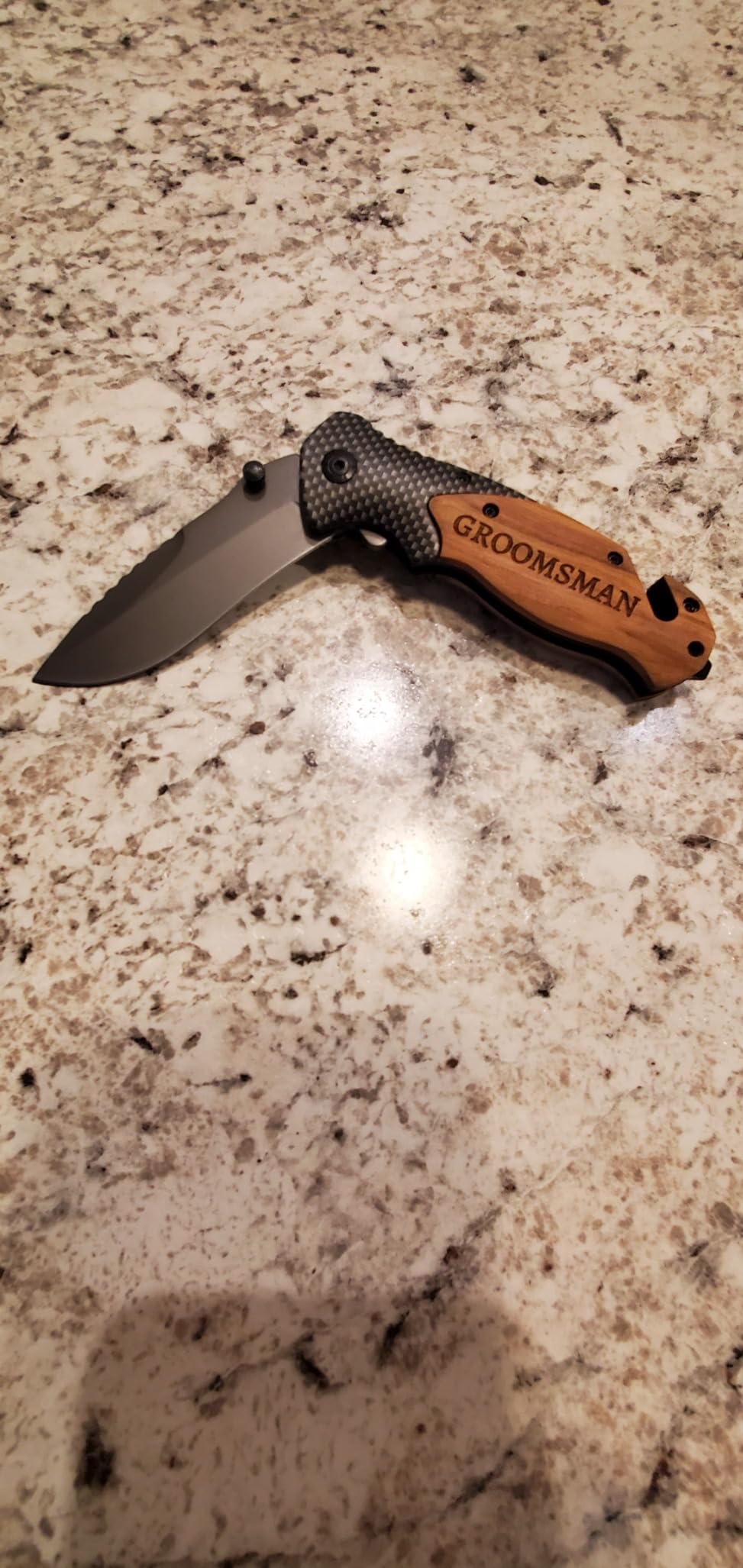 Groomsmen Pocket Knife Gift - Laser Engraved Wooden Knife Set With Glass Breaker, Seatbelt Cutter & Belt Clip - Ideal Groomsman Proposal or Wedding Gift Customer Review Groomsmen Pocket Knife Gift - Laser Engraved Wooden Knife Set With Glass Breaker, Seatbelt Cutter & Belt Clip - Ideal Groomsman Proposal or Wedding Gift - Customer Photo 1