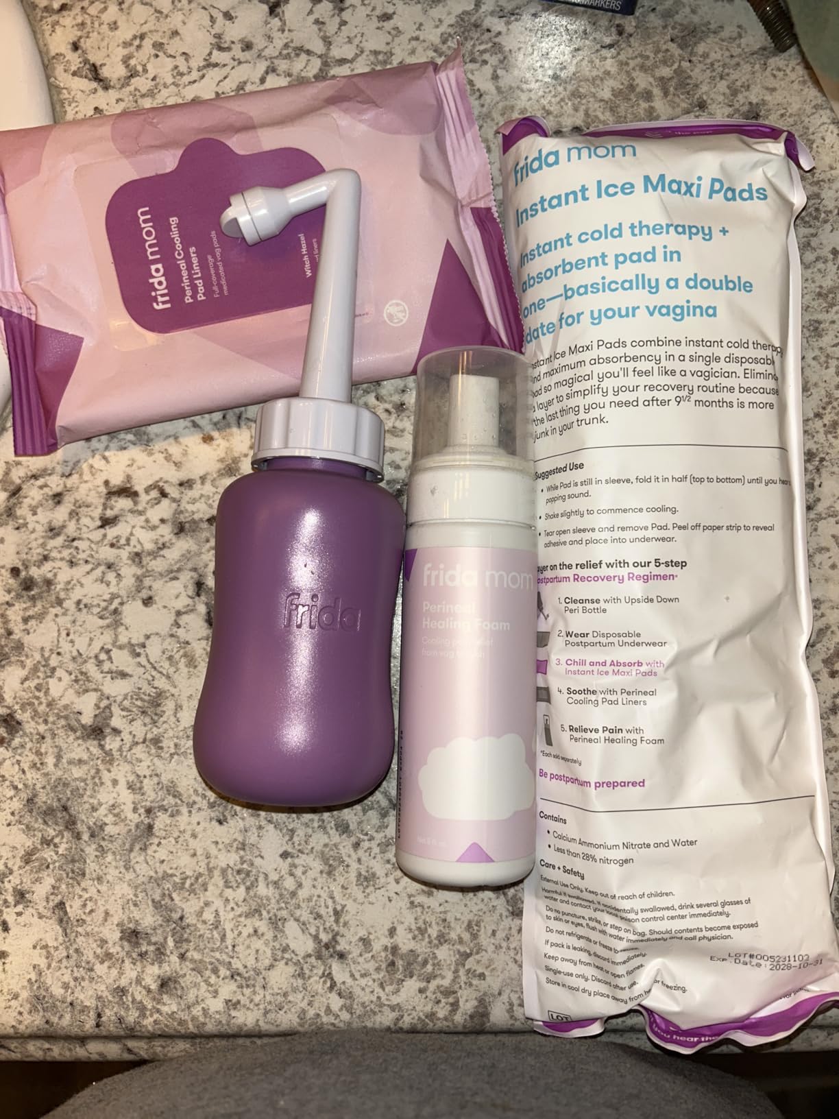 Frida Mom 11pc Postpartum Essentials Kit Gift Set, Hospital Bag Must Haves for New Mom, Includes 4 Disposable Postpartum Underwear, 4 Ice Maxi Pads, Perineal Healing Foam & 24 Pad Liners & Peri Bottle Customer Review Frida Mom 11pc Postpartum Essentials Kit Gift Set, Hospital Bag Must Haves for New Mom, Includes 4 Disposable Postpartum Underwear, 4 Ice Maxi Pads, Perineal Healing Foam & 24 Pad Liners & Peri Bottle - Customer Photo 1