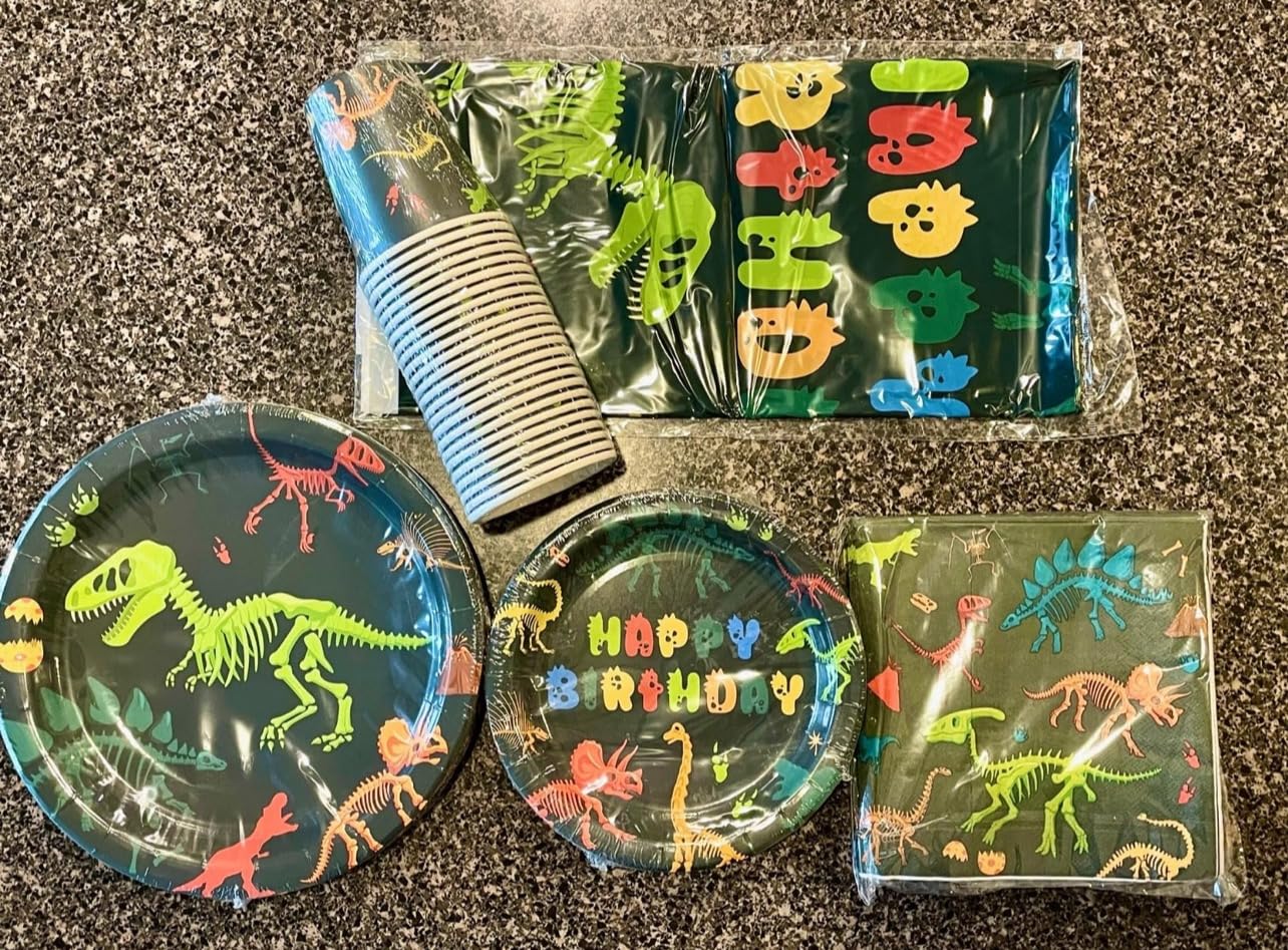 Dinosaur Birthday Decorations, 170 Pcs Dinosaur Party Supplies Including Banner, Plates, Cups, Napkins, Cutlery and Tablecloths, Serves 24 - Customer Photo 1