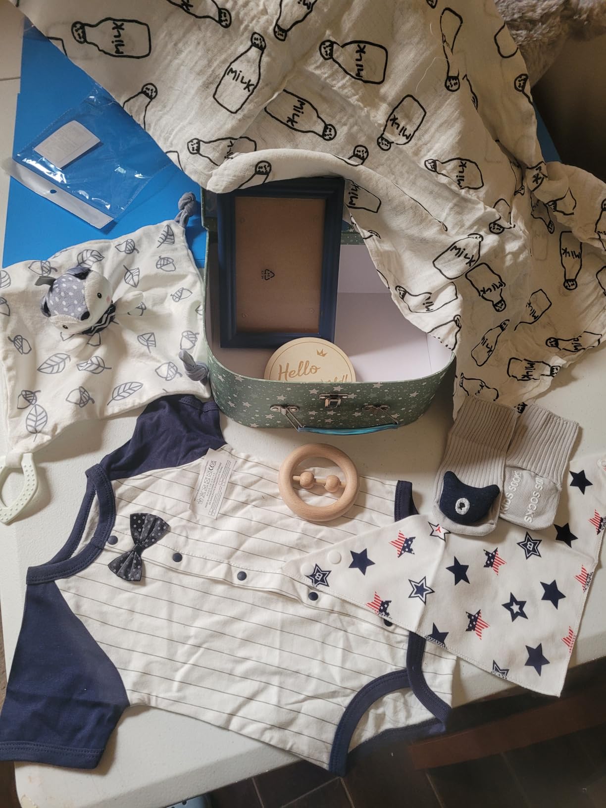 Golray Baby Boy Gifts for Baby Shower, 9pcs Newborn Essential with Fox Lovey/Blanket/Onesie/Wooden Rattle/Socks/Bib/Suitcase, Welcome Baby Gift Box Gender Reveal Infant Boy Gift Basket Set 0-6 Month Customer Review Golray Baby Boy Gifts for Baby Shower, 9pcs Newborn Essential with Fox Lovey/Blanket/Onesie/Wooden Rattle/Socks/Bib/Suitcase, Welcome Baby Gift Box Gender Reveal Infant Boy Gift Basket Set 0-6 Month - Customer Photo 1