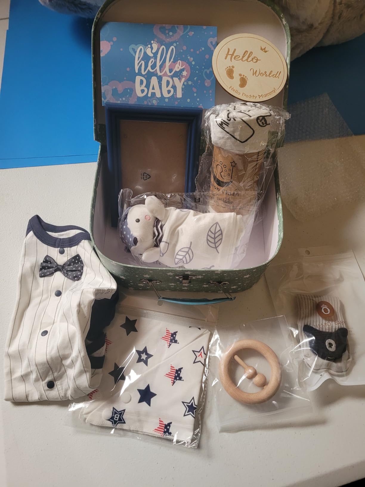 Golray Baby Boy Gifts for Baby Shower, 9pcs Newborn Essential with Fox Lovey/Blanket/Onesie/Wooden Rattle/Socks/Bib/Suitcase, Welcome Baby Gift Box Gender Reveal Infant Boy Gift Basket Set 0-6 Month Customer Review Golray Baby Boy Gifts for Baby Shower, 9pcs Newborn Essential with Fox Lovey/Blanket/Onesie/Wooden Rattle/Socks/Bib/Suitcase, Welcome Baby Gift Box Gender Reveal Infant Boy Gift Basket Set 0-6 Month - Customer Photo 2