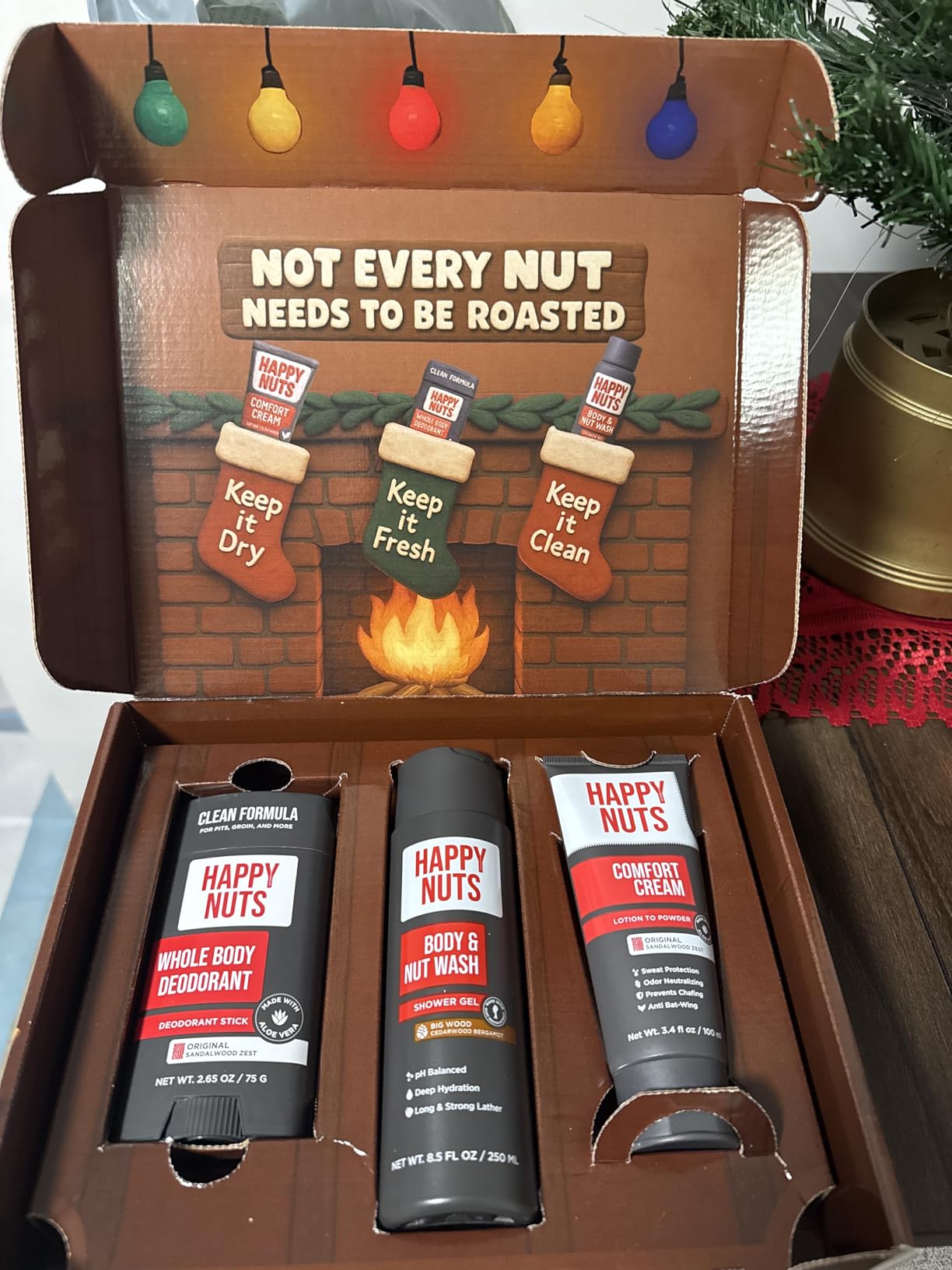 Happy Nuts Santa's Big Sack - Funny Holiday Gift Box for Men - 4-in-1 Men's Care: Comfort Cream, Hydrating Body Wash, Whole Body Deodorant Stick, Anti-Chafing Powder - Hilarious Gift Basket for Him - Customer Photo 2