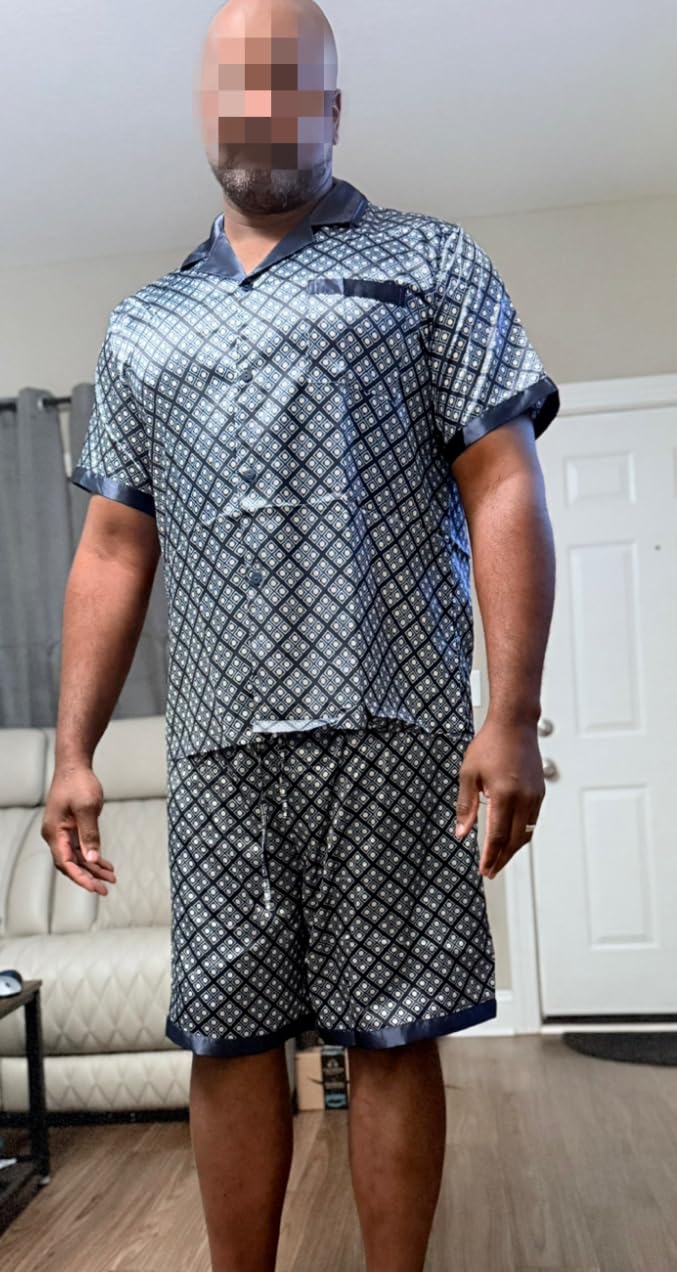 Ekouaer Men Satin Silk Pajamas Set with Pockets Sleepwear Shorts Satin Summer Loungewear 2 Piece Button Down Set S-3XL - Customer Photo 5