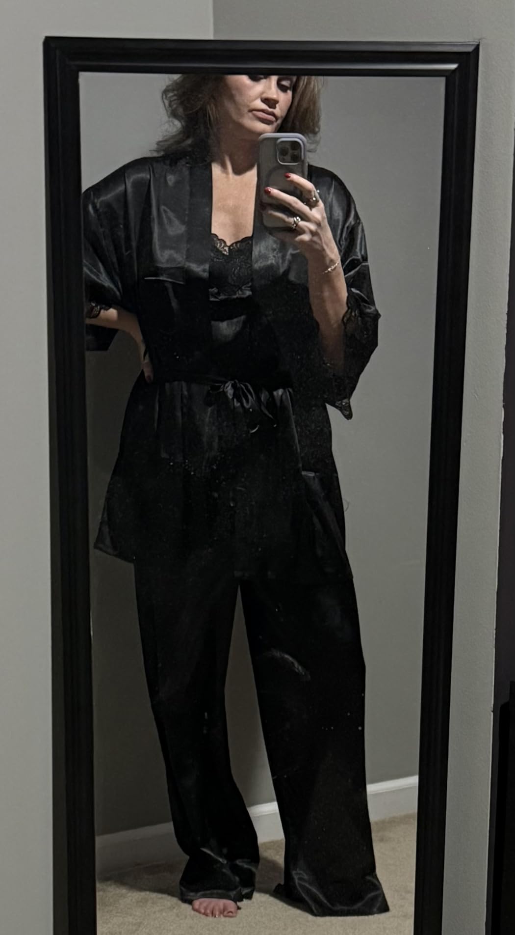 Moreone Women's Silk Satin Pajama Set 3-Piece with Robe, Sexy V-Neck Lace Cami Top and Long Pants, Luxury Soft Sleepwear - Customer Photo 2